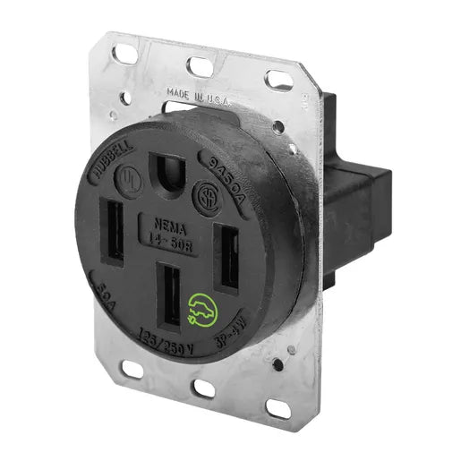 Hubbell HBL9450A Straight Blade Devices, Receptacles, RTP, Industrial Grade, 3-Pole 4-Wire Grounding, 50A 125/250V, 14-50R, Black