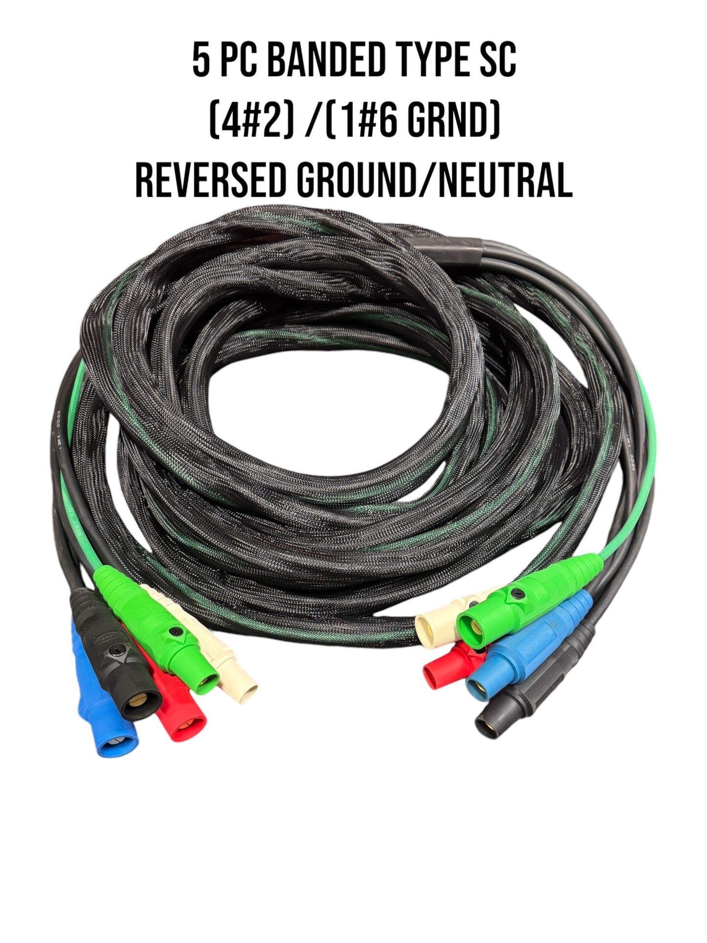 Type SC Entertainment and Stage Lighting Cable, 5 Wire Banded / Braided Set (4) #2 SC and (1) #6 SC Outdoor Rated Cam Lock Cord Set (Reversed)