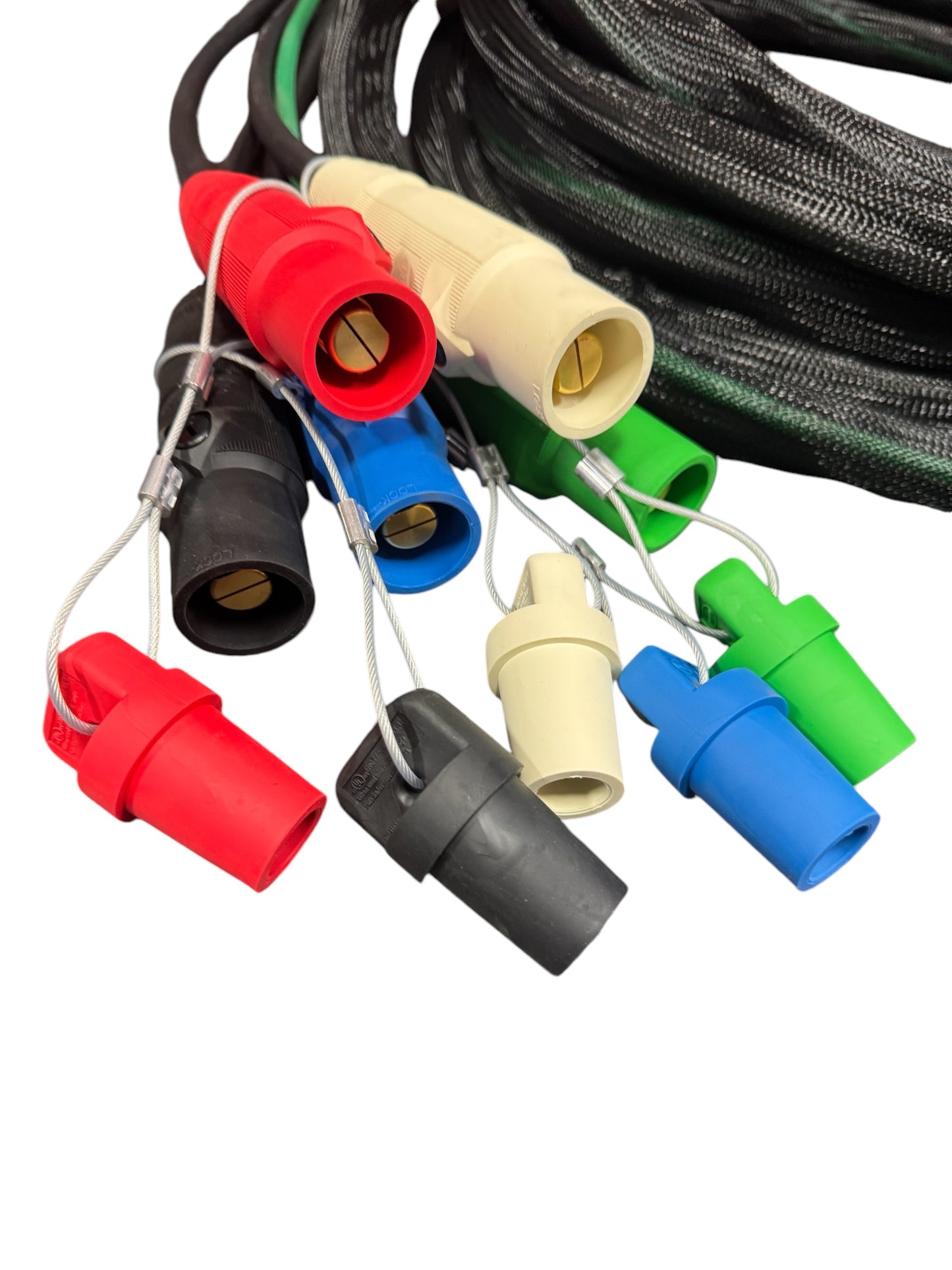 Type SC Entertainment and Stage Lighting Cable, 5 Wire Banded / Braided Set (4) #2 SC and (1) #6 SC Outdoor Rated Cam Lock Cord Set M to Pigtail With Protective caps.