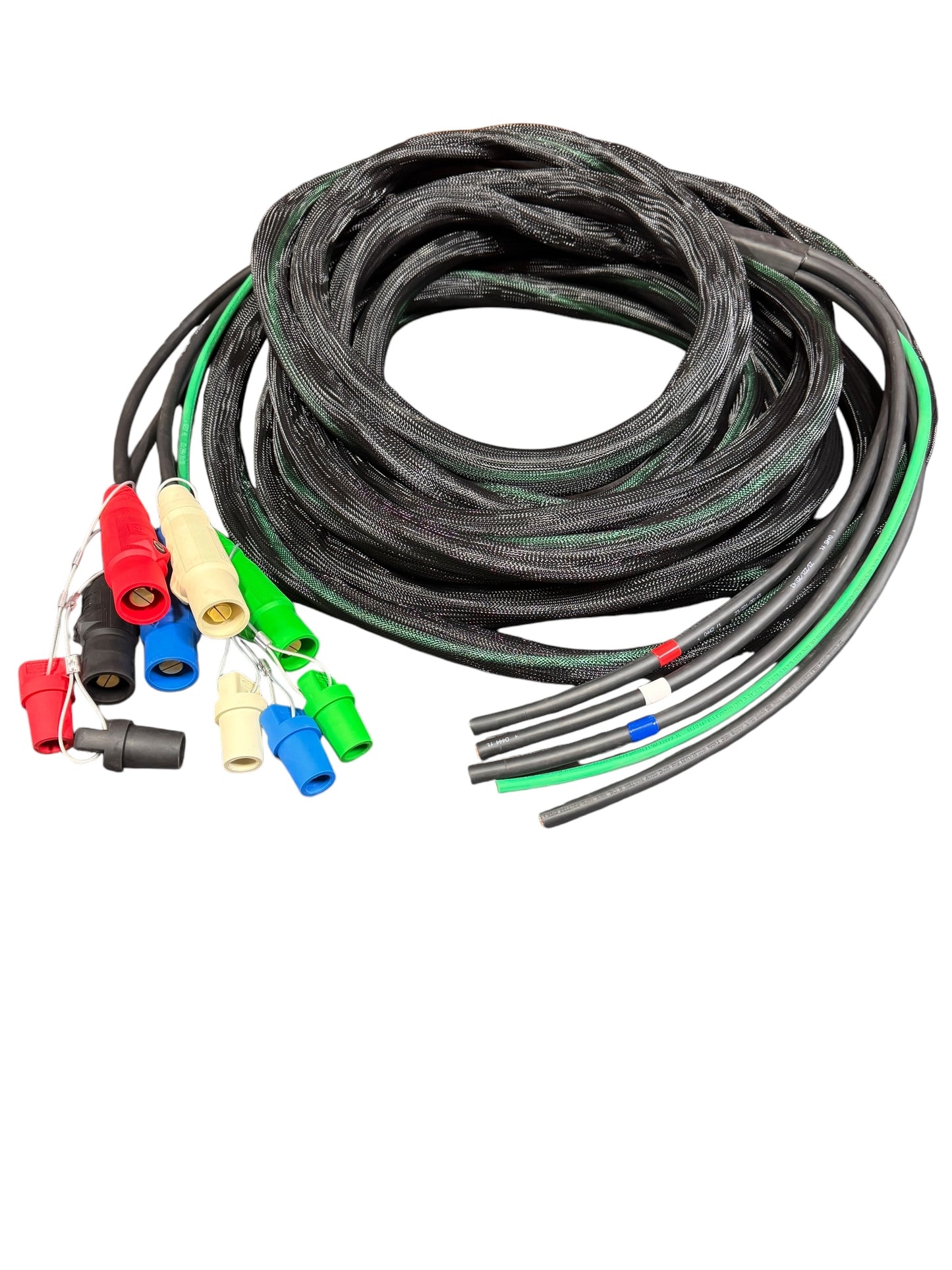 Type SC Entertainment and Stage Lighting Cable, 5 Wire Banded / Braided Set (4) #2 SC and (1) #6 SC Outdoor Rated Cam Lock Cord Set M to Pigtail With Protective caps.