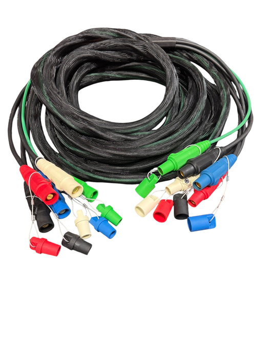 Type SC Entertainment and Stage Lighting Cable, 5 Wire Banded / Braided Set (4) #2 SC and (1) #6 SC Outdoor Rated Cam Lock Cord Set With Protective caps.