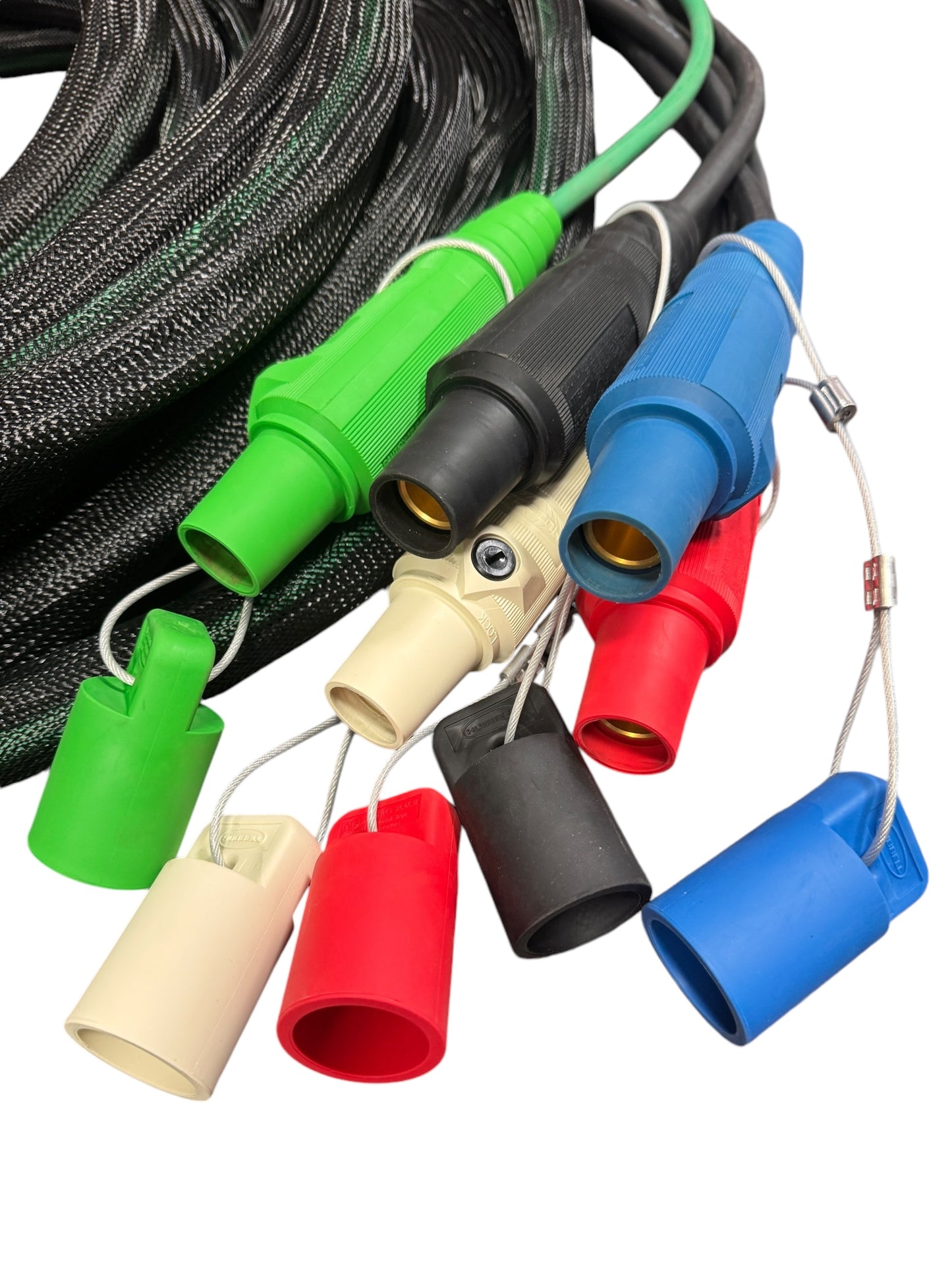 Type SC Entertainment and Stage Lighting Cable, 5 Wire Banded / Braided Set (4) #2 SC and (1) #6 SC Outdoor Rated Cam Lock Cord Set With Protective caps.