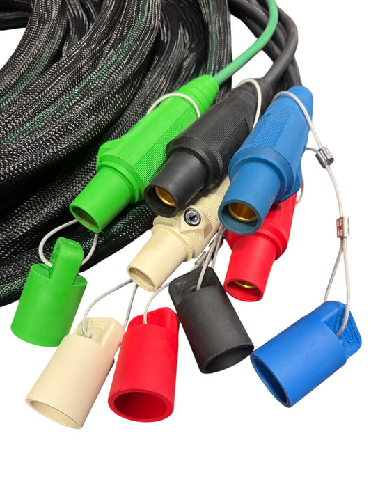 Type SC Entertainment and Stage Lighting Cable, 5 Wire Banded / Braided Set (4) #2 SC and (1) #6 SC Outdoor Rated Cam Lock Cord Set F to Pigtail With Protective caps.