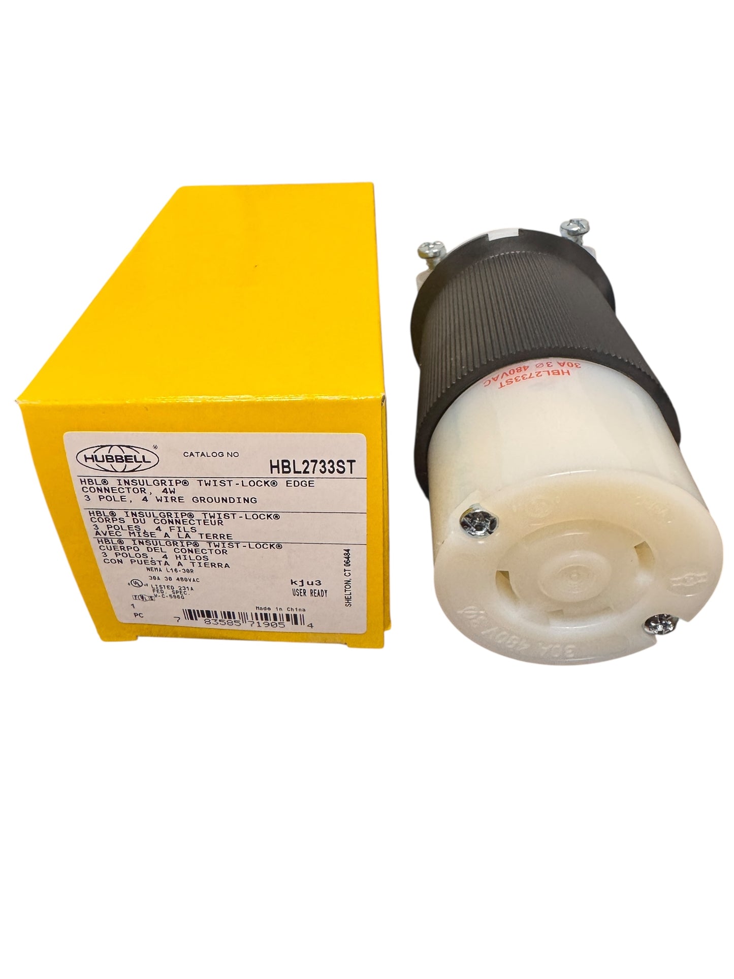 HUBBELL HBL2733ST Female Connector Body, 30A 3-Phase Delta 480V AC, 3-Pole 4-Wire Grounding, L16-30R, Screw Terminal, Black and White