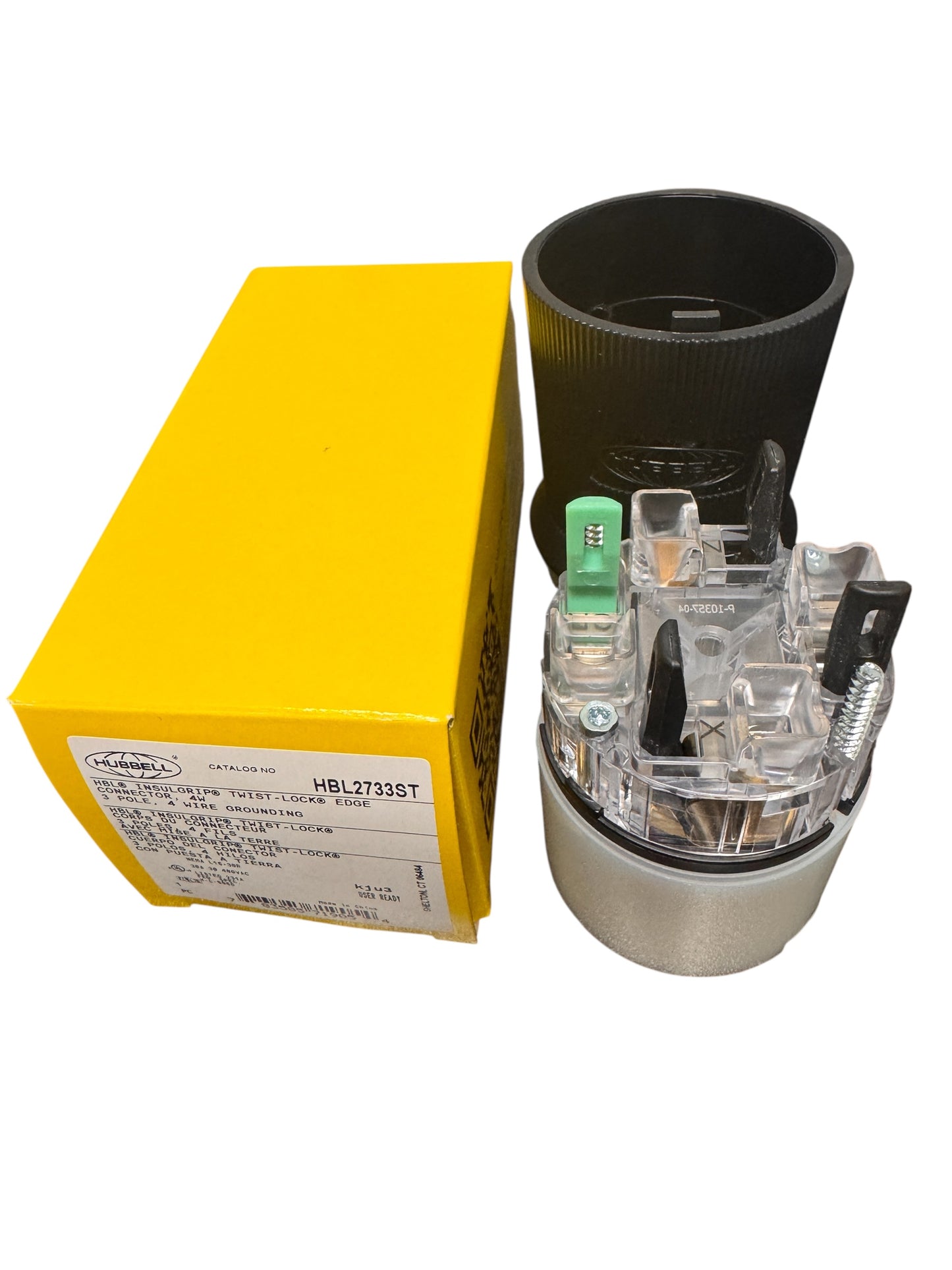HUBBELL HBL2733ST Female Connector Body, 30A 3-Phase Delta 480V AC, 3-Pole 4-Wire Grounding, L16-30R, Screw Terminal, Black and White